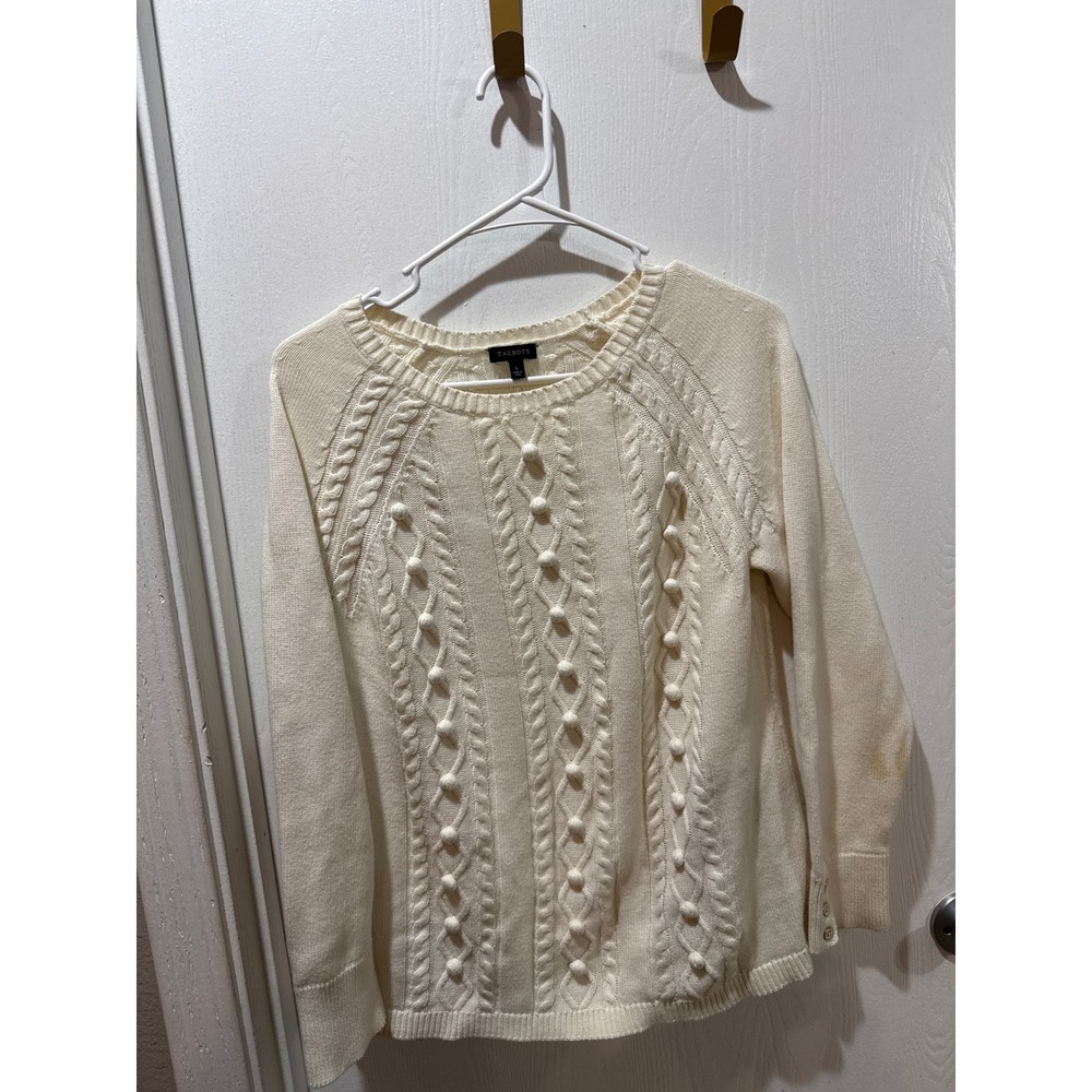 Talbots Cream Cable Knit Pom Pom Crew Neck Sweater Large Long Sleeve Button Cuff